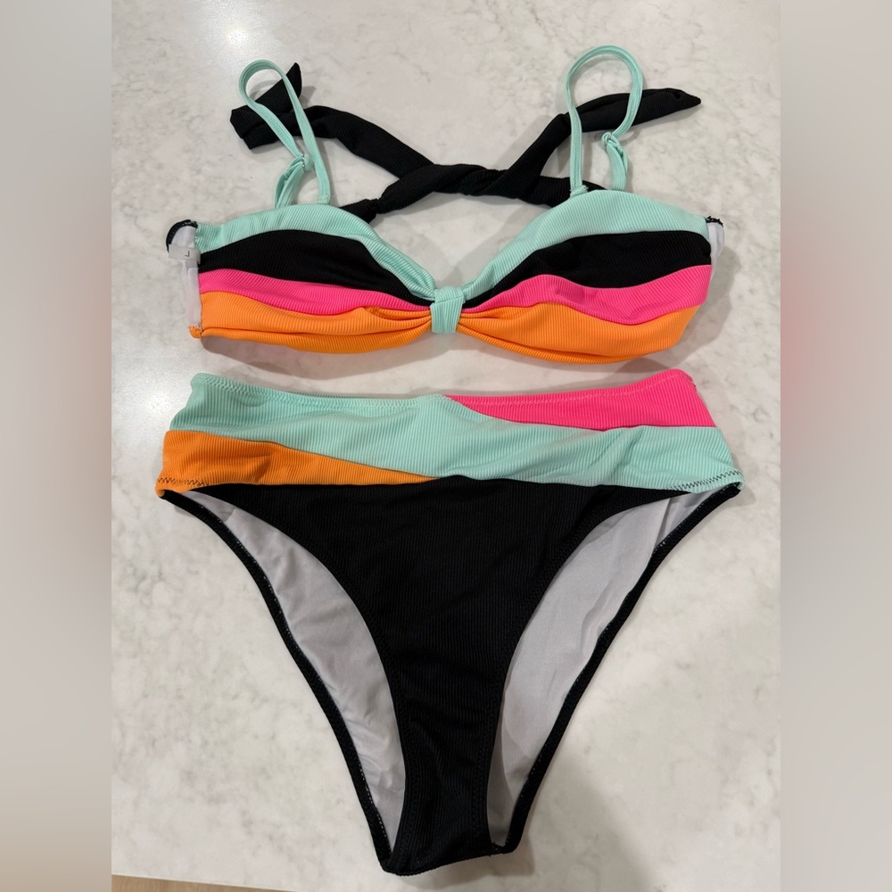 Colorblock High-Waist Bikini Set in Black, Mint, Pink & Orange